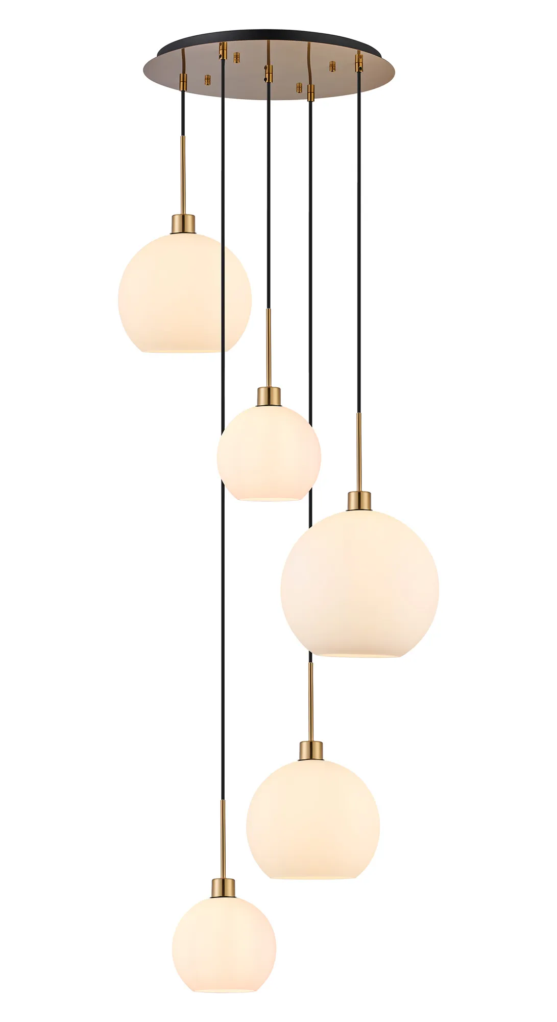 DK1200  Lori 45cm Round Pendant, 5 Light Adjustable E27, Antique Gold/Opal Open Mouth Round Globe Shades